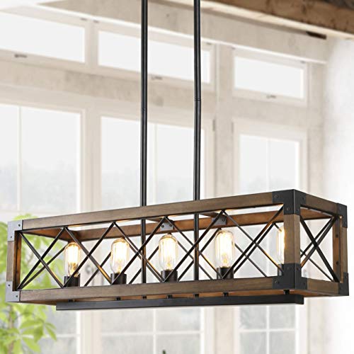 RUZINIU Farmhouse Chandelier for Dining Room, Rectangular Chandelier, Wood Kitchen Island Lighting