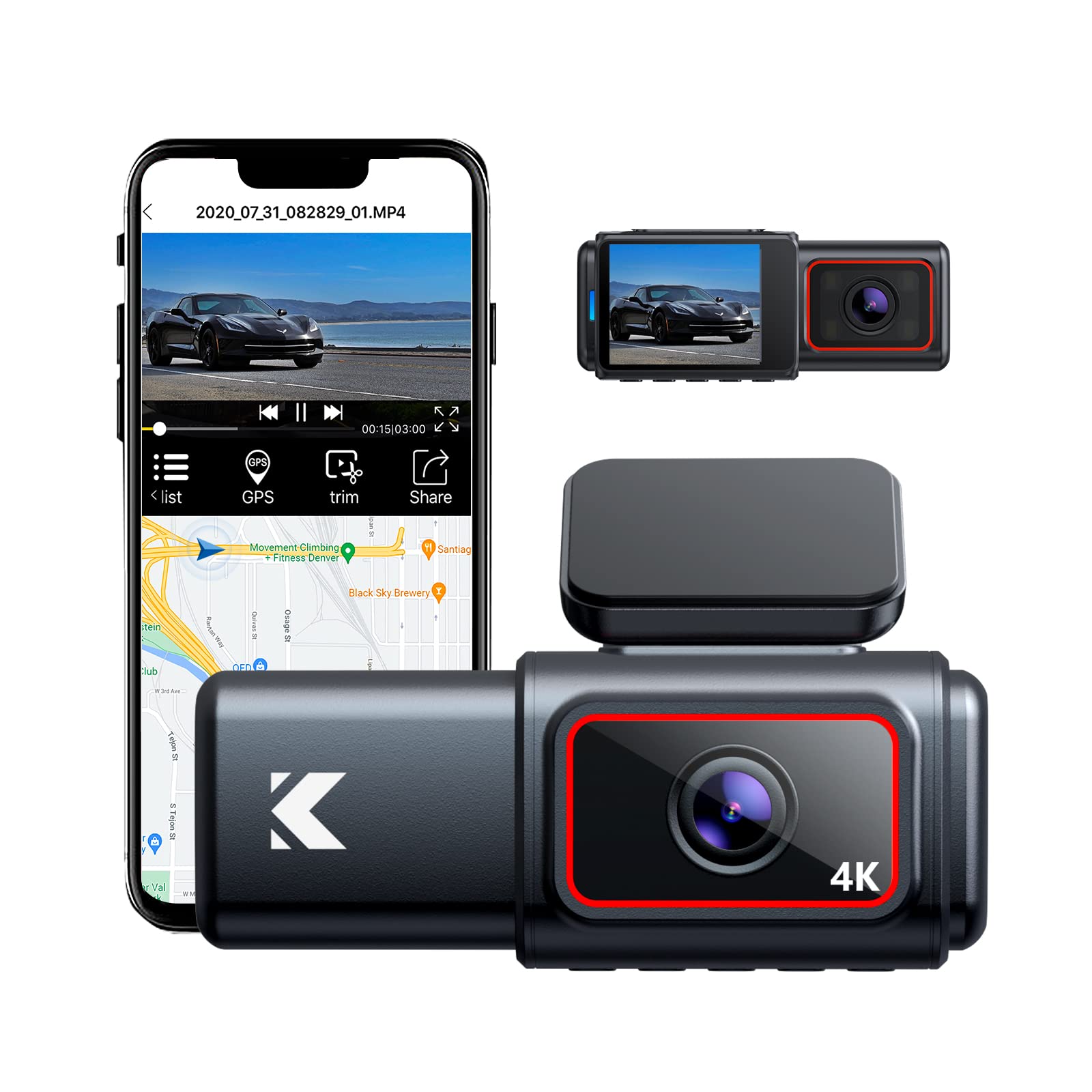 Kingslim D6-4K Dual Dash Cam - WiFi & GPS 4K Front and 1080P Inside Type-C Dash Cam Uber Car Camera with Super Night Vision and 24-Hour Parking Monitor, 3 Channel Dash Cam Optional, Black