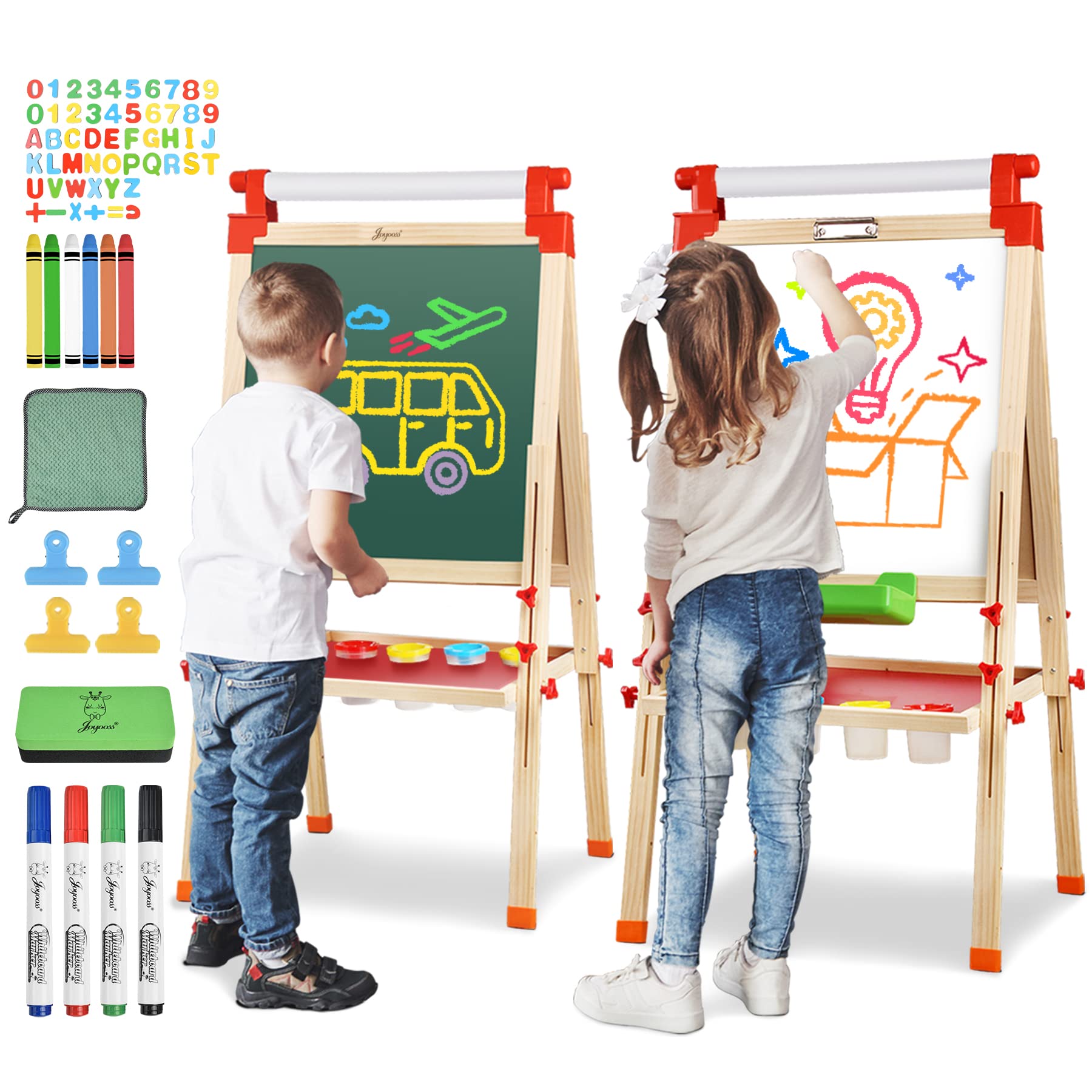 Joyooss Kids Wooden Easel with Paper Roll - Adjustable Magnetic Double Sided Drawing Board Whiteboard & Chalkboard Dry Easel Board, Children Art Easel for 3~12 Years Kids Boys Girls Painting Drawing