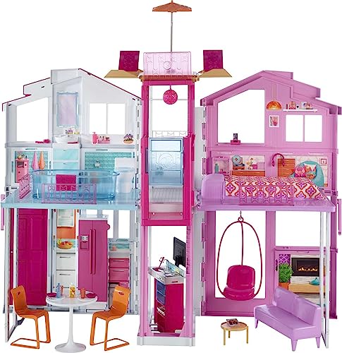 Barbie 3-Story Townhouse Dollhouse with Elevator, Swing...