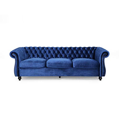 Christopher Knight Home Vita Tufted Microfiber Sofa with Scroll Arms, Navy Blue, Dark Brown