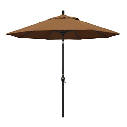 California Umbrella 9' Round Aluminum Market Umbrella, Crank Lift, Push Button Tilt, Black Pole, Sunbrella Teak