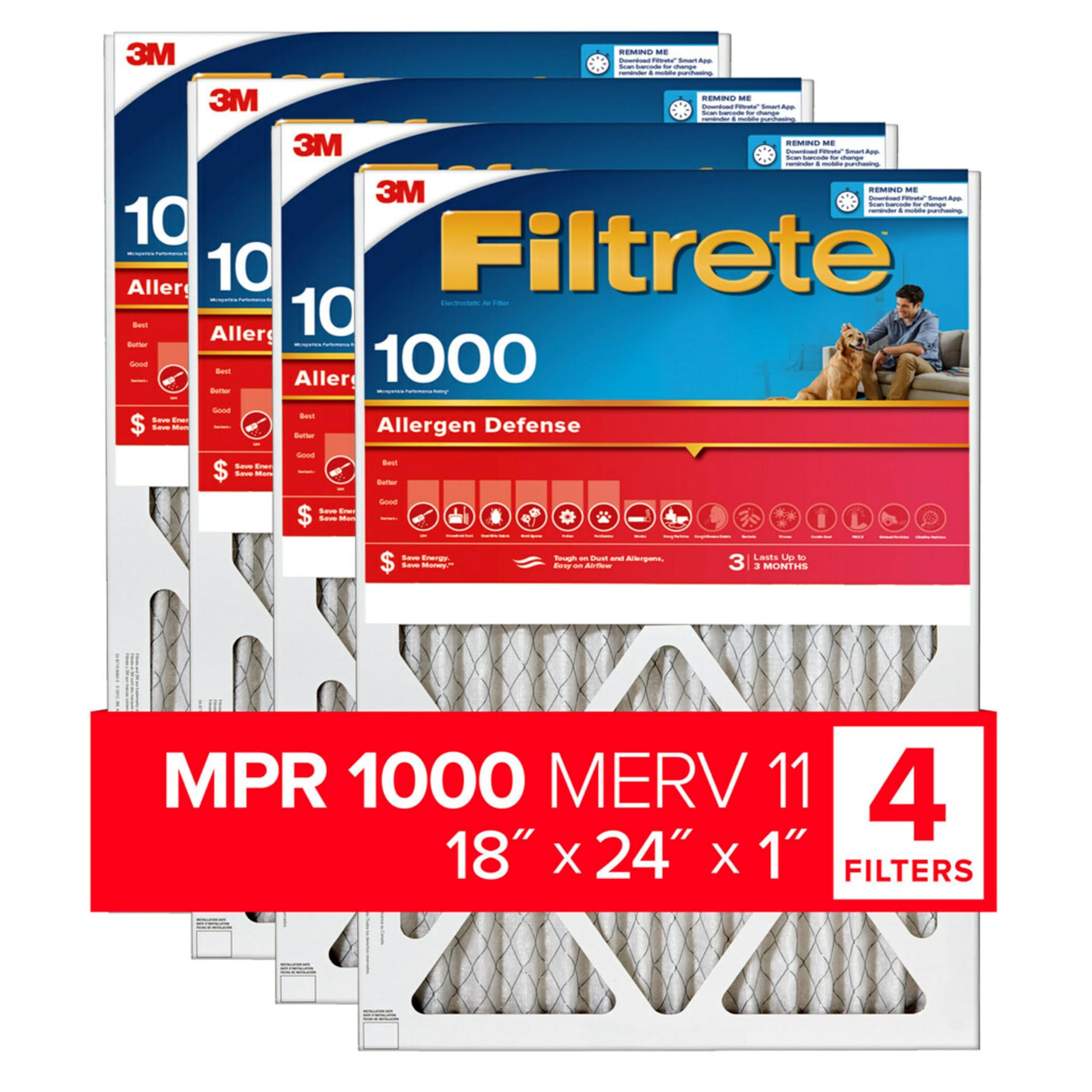 Filtrete 18x24x1 Air Filter, MPR 1000, MERV 11, Micro Allergen Defense 3-Month Pleated 1-Inch Air Filters, 4 Filters